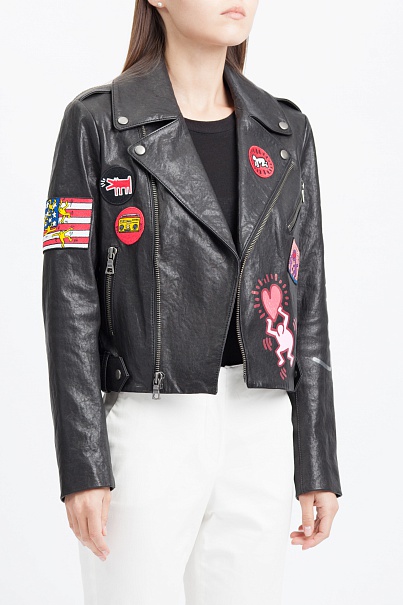 Куртка кожаная Alice + Olivia Keith Haring Painted Embroidered Leather Jacket